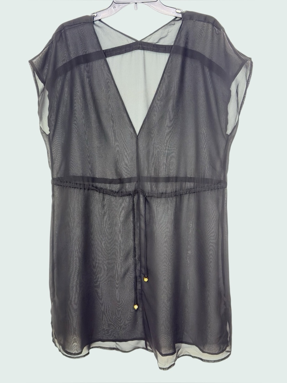 90s  Black Sheer Georgette Tunic Deep V Neck Cyber Y2K Weightless Drama M